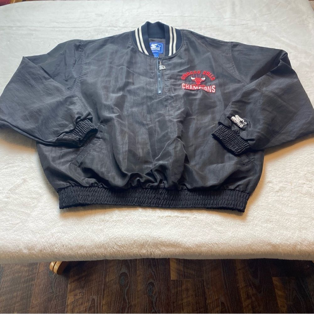 Starter Jacket Vintage Chicago Bulls Nylon 1/2 Zip Black Pullover Size XL